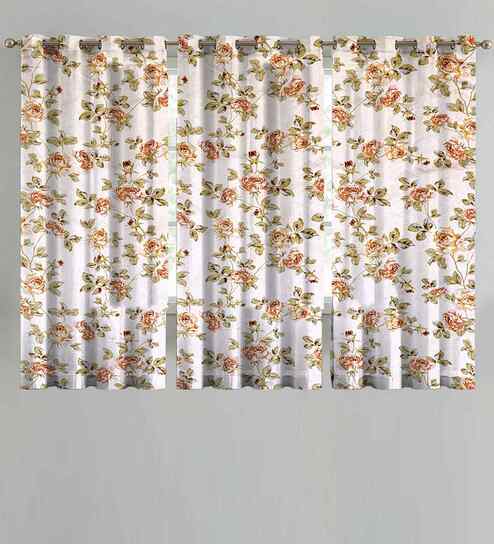 Beige Cotton Floral 5ft Eyelet Window Curtains (3 Pcs)