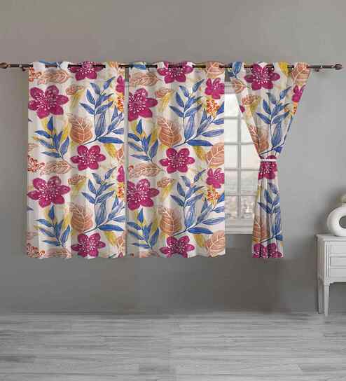 Purple Cotton Floral 5ft Eyelet Window Curtains (3 Pcs)