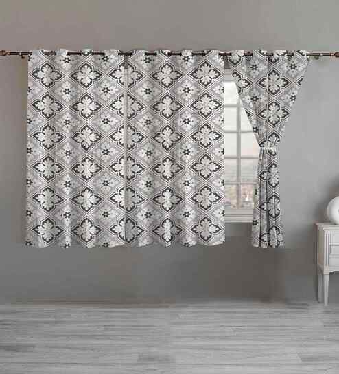 Grey Cotton Floral 5ft Eyelet Window Curtains (3 Pcs)