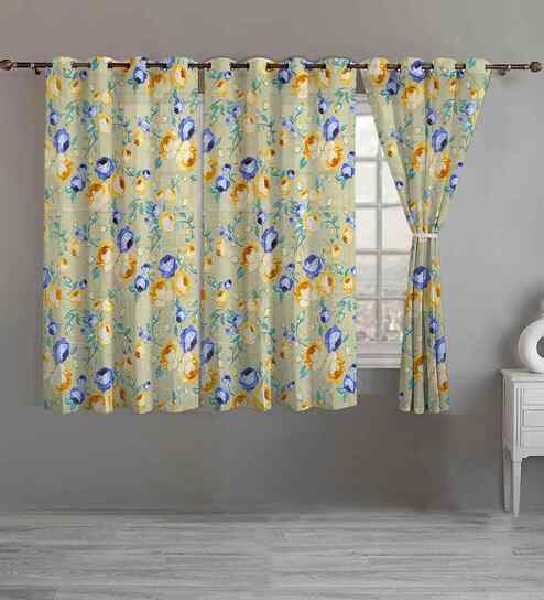 Beige Cotton Floral 5ft Eyelet Window Curtains (3 Pcs)