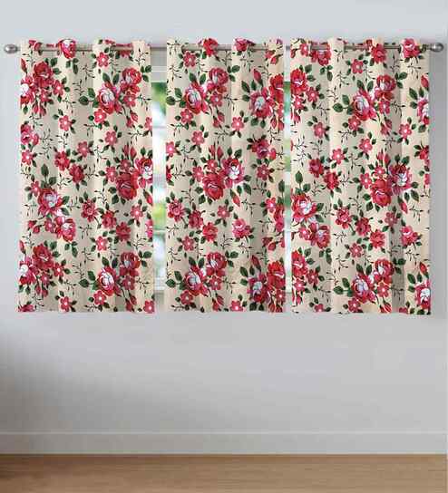 Pink Cotton Floral 5ft Window Curtains (3 Pcs)