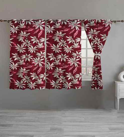 Maroon Cotton Floral 5ft Window Curtains (3 Pcs)
