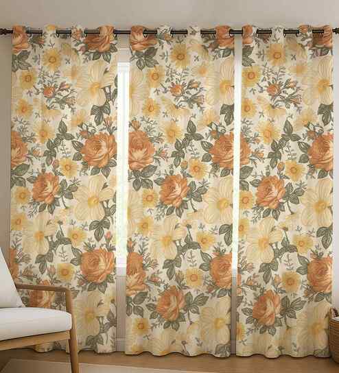 Orange Cotton Floral 7ft Eyelet Door Curtains (3 Pcs)