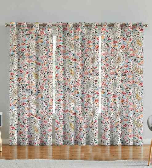 Beige Cotton Floral 7ft Eyelet Door Curtains (3 Pcs)