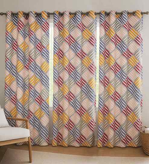Multicolor Cotton Geometric 7ft Door Curtains (3 Pcs)
