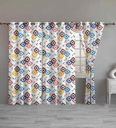 Multicolor Cotton Geometric 9ft Long Door Curtains (3 Pcs)