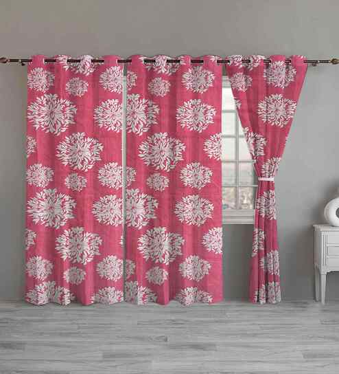 Pink Cotton Floral 9ft Long Door Curtains (3 Pcs)