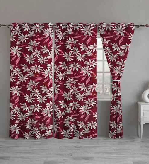 Maroon Cotton Floral 9ft Long Door Curtains (3 Pcs)