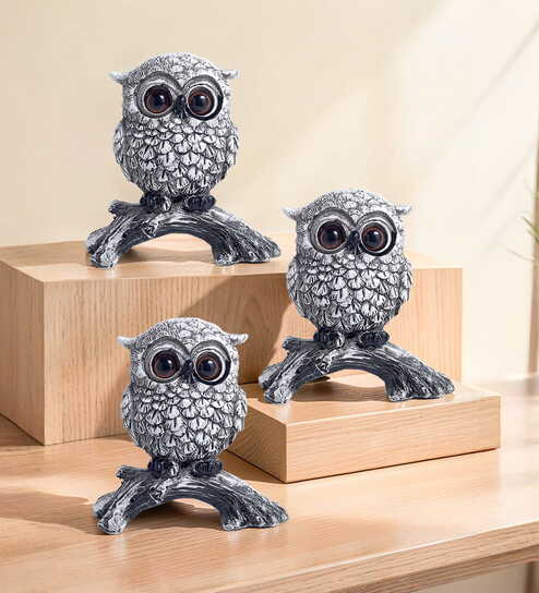 Set of 3 Antique Black and White Owl Figurines 3.4 Inch