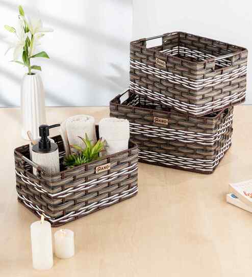 Set Of 3 Brown Plastic  Wicker Bathroom Organiser