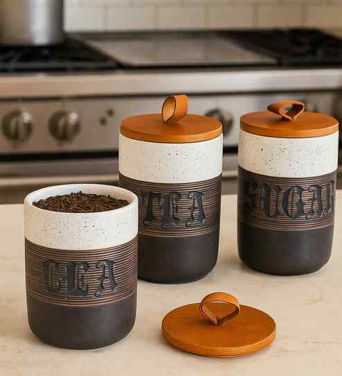 Set of 3 Daily Brew Luxe Ceramic and Wooden Jar Containers