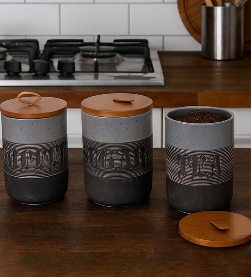 Set of 3 Daily Brew Luxe Ceramic and Wooden Jar Containers