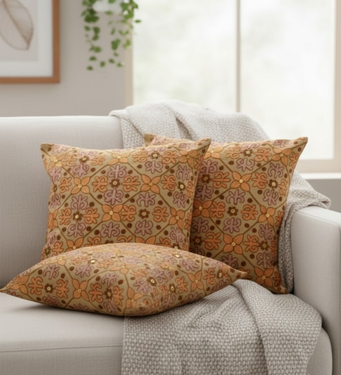 Set of 3 Embroidered Floral Lattice Throw Cushion Covers (18x18)