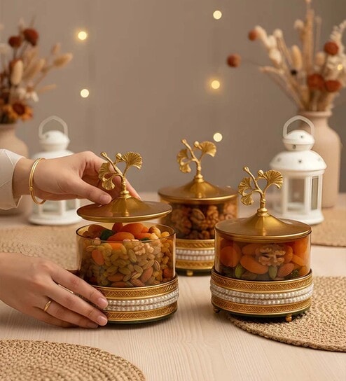 Set of 3 Glass and Matel Ginkgo Elegance Jar Containers