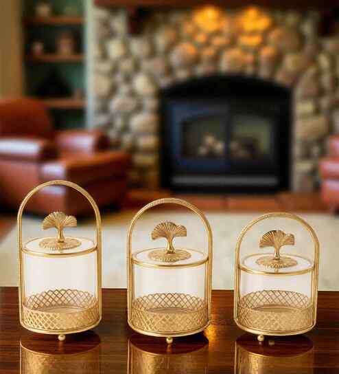 Set of 3 Glass and Matel Heritage Arch Jar Containers