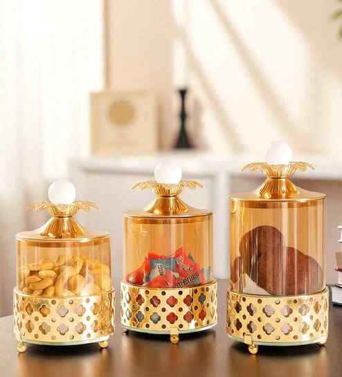 Set of 3 Glass and Matel Quick Shop Crown Luxe Jar Containers