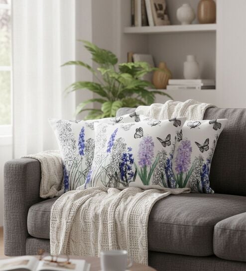 Set of 3 Hand-Sketched Floral & Butterfly Throw Cushion Covers (18x18)