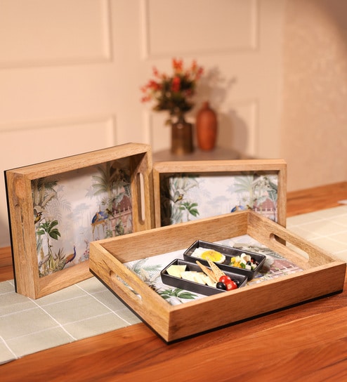 Set of 3 Mango Wood Serving Tray with MDF Base & UV Print