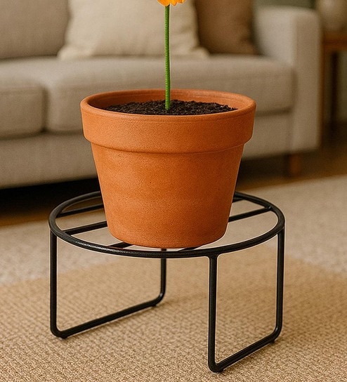 Set Of 3 Black Metal Round Planter Stands