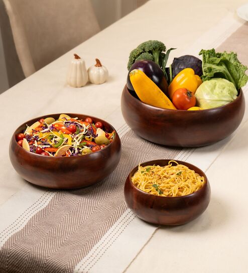 Mrida Brown Acacia Wood Handcrafted Serving Bowl (Pack of 3)