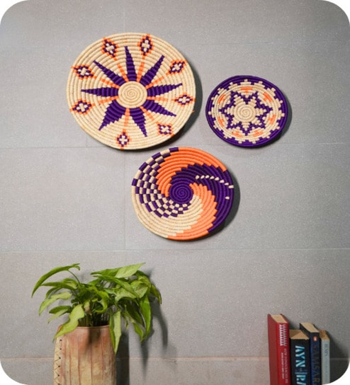 Set Of 3 Orange Sabai Grass Sunburst Set Wall Plate