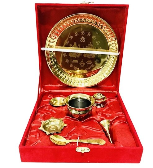 Set of 3 Pooja Thali Bell Lota Jyot Brass Plate Set (Gold)
