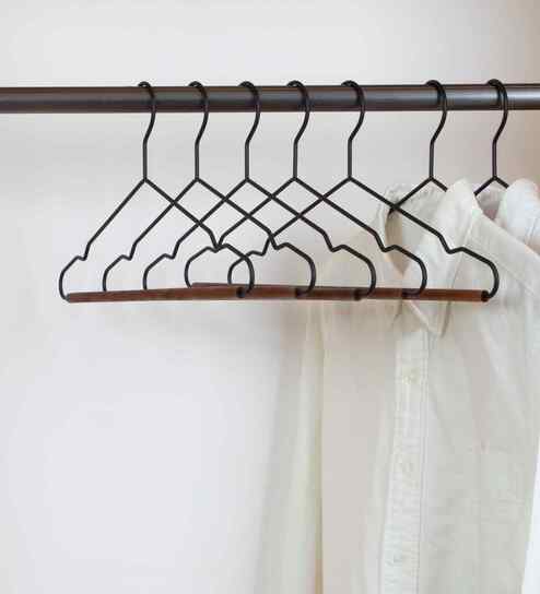 Set of 3 Premium Wood and Metal Shirt Hangers with Wooden Bar, Ergonomic Ends, and Scratch-Resistant Finish - Black & Umber