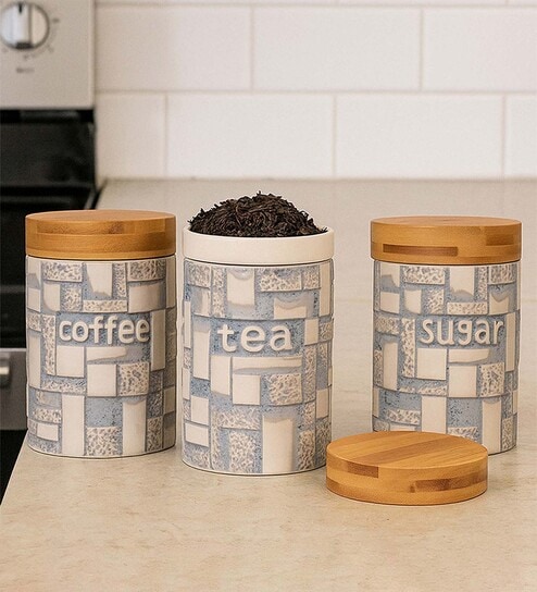 Set of 3 The Pantry Luxe Ceramic and Wooden Jar Containers