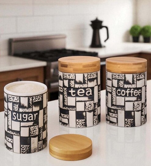 Set of 3 The Pantry Luxe Ceramic and Wooden Jar Containers