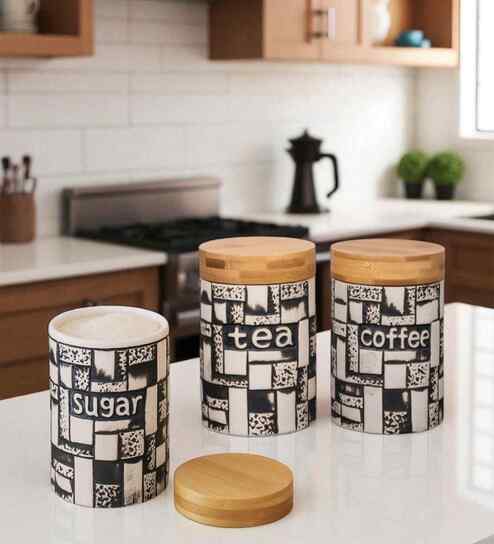 Set of 3 The Pantry Luxe Ceramic and Wooden Jar Containers