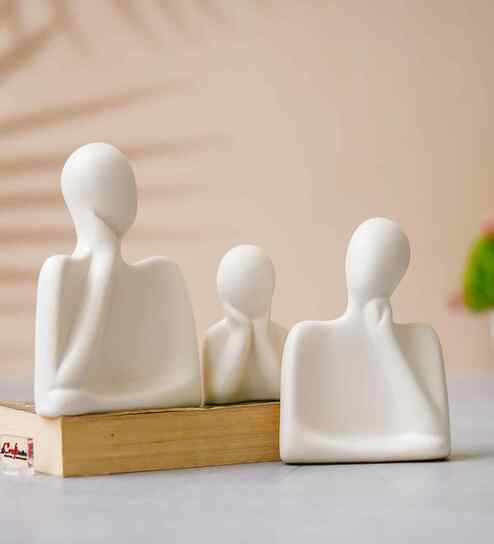 Set of 3 White Ceramic Handcrafted Happy Family Statue Sculpture|Thinking Face People Figurines Home Decor Items Showpiece for Living Room Bedroom Table Shelf TV Unit|Gift for Birthday