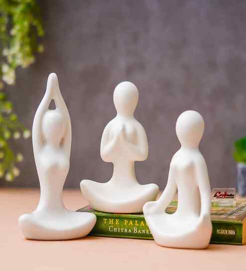 Set of 3 White Ceramic Meditation Yoga Pose Statue|Yoga Women Figurine Home Decor Items Showpiece for Meditation Room Living Room Bedroom Table Shelf TV Unit|Gift for Birthday