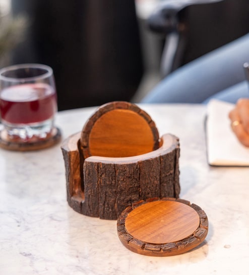 Set of 4 Acacia Wood Coaster with Holder