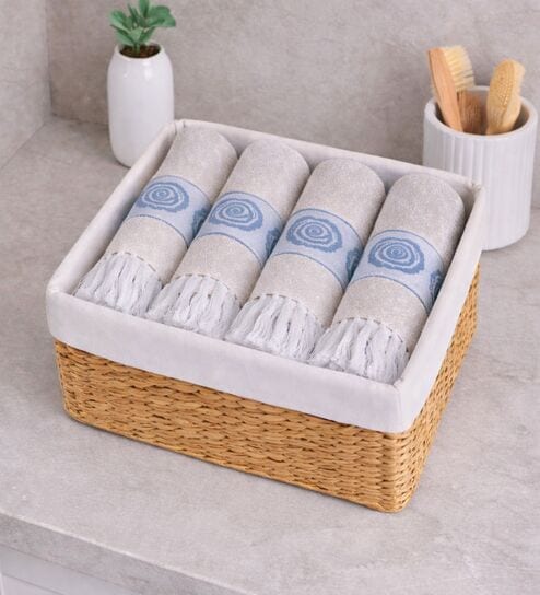 Set Of 4 Blue Cotton Hand Towels