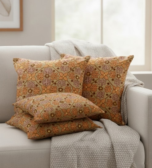 Set of 4 Embroidered Floral Lattice Throw Cushion Covers (18x18)