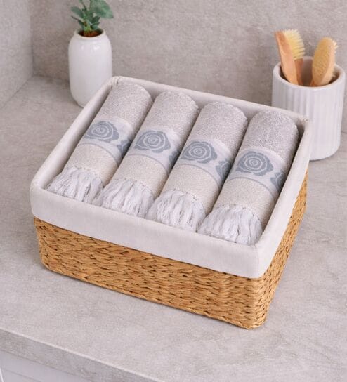Set Of 4 Grey Cotton Hand Towels