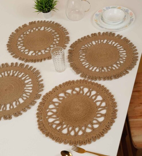 Set of 4 Jute Material Geometric Reversible Table Runners