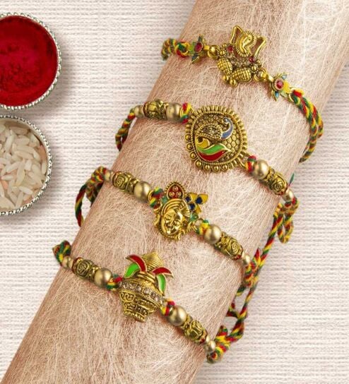 Set of 4 Lord Ganesha, Peacock, Krishna & Kalash Designer Rakhis with Roli Chawal Pack