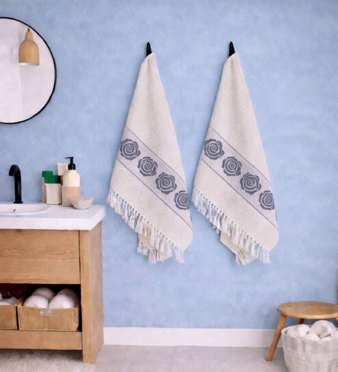 Set Of 4 Navy Blue Cotton Hand Towels