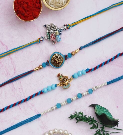Set of 4 Radha Krishna Playing Flute, Om, Shrinathji, Pearls Designer Rakhis with Roli Chawal Pack