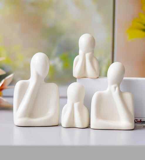 Set of 4 White Ceramic Handcrafted Couple Family Statue Sculpture|People Figurines Home Decor Items Showpiece for Living Room Bedroom Table Shelf TV Unit|Gift for Housewarming Birthday