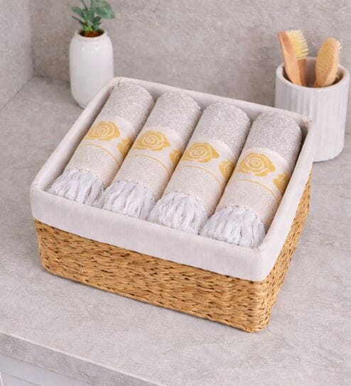 Set Of 4 Yellow Cotton Hand Towels