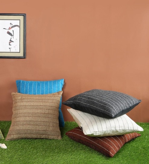 Multicolour Jute Striped 12x12 inches Cushion Cover (5Pc)