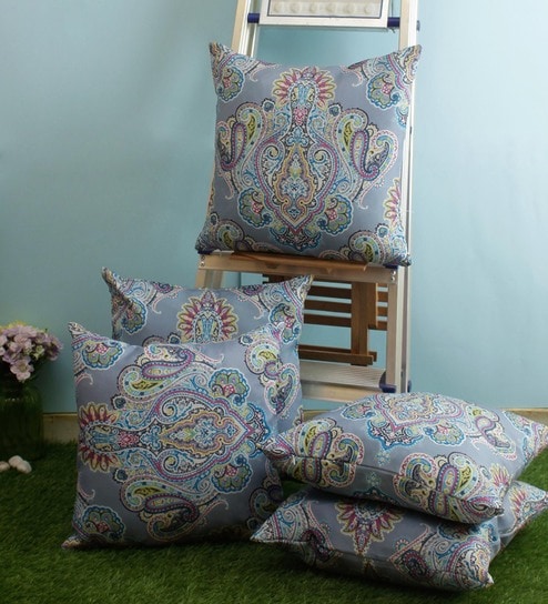 Blue Polyester Ethnic Motif 16x16 inches Cushion Cover (5Pc)