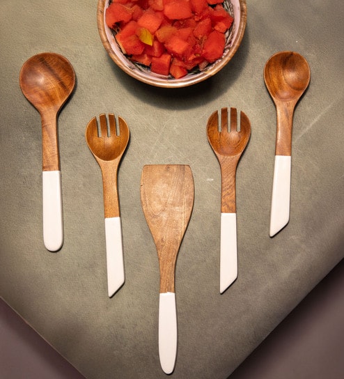 Set of 5 Acacia Wood Serving Spoons