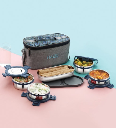 Set of 5 Airtight Stainless Steel Lunch Box Set with Flat Bag