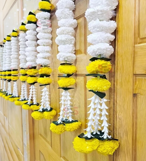 Set of 5 Artificial Marigold Jasmine with Green Leaves Garland Toran (61 cm)