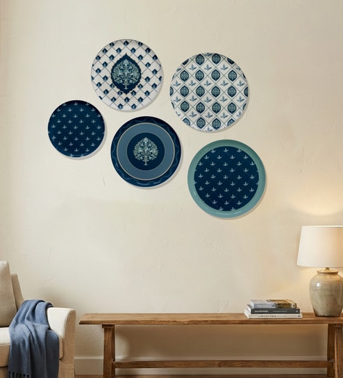Set of 5 Blue Pottery Inspired Metallic Wall Plates
