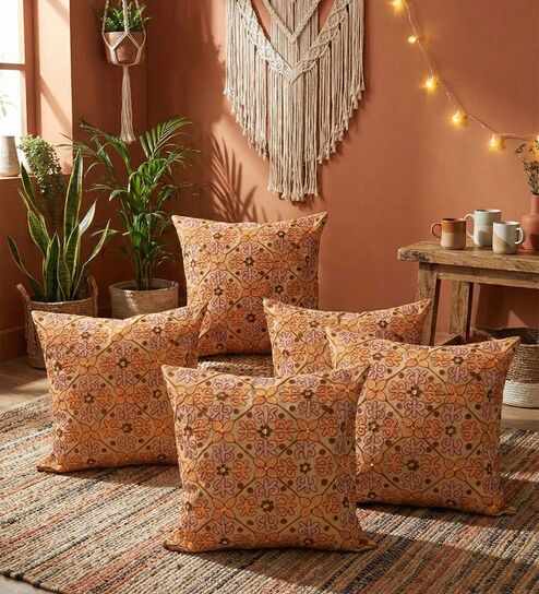 Set of 5 Embroidered Floral Lattice Throw Cushion Covers (18x18)