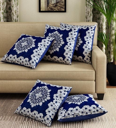 romee Blue Chenille Floral 16x16 inches Cushion Cover (5Pc)-picture-40